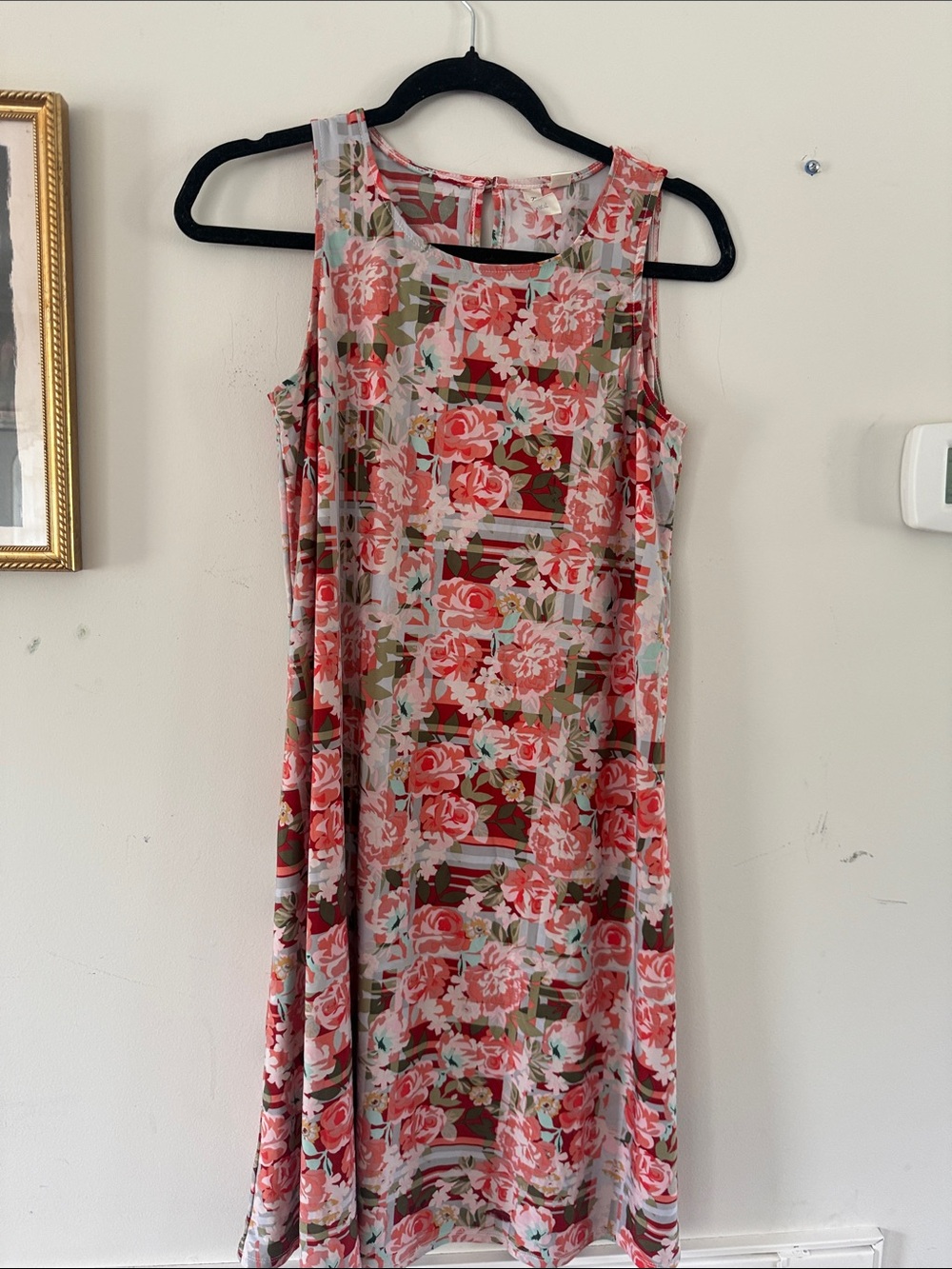 Tacera Coral and Green Floral Midi Dress